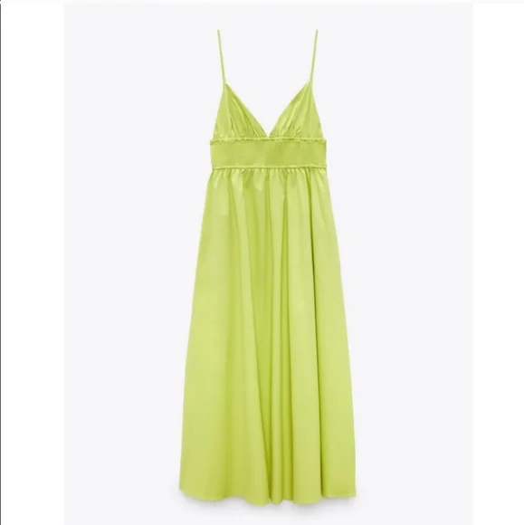 Zara Poplin Dress with Pockets Midi Maxi Lime - Picture 9 of 12
